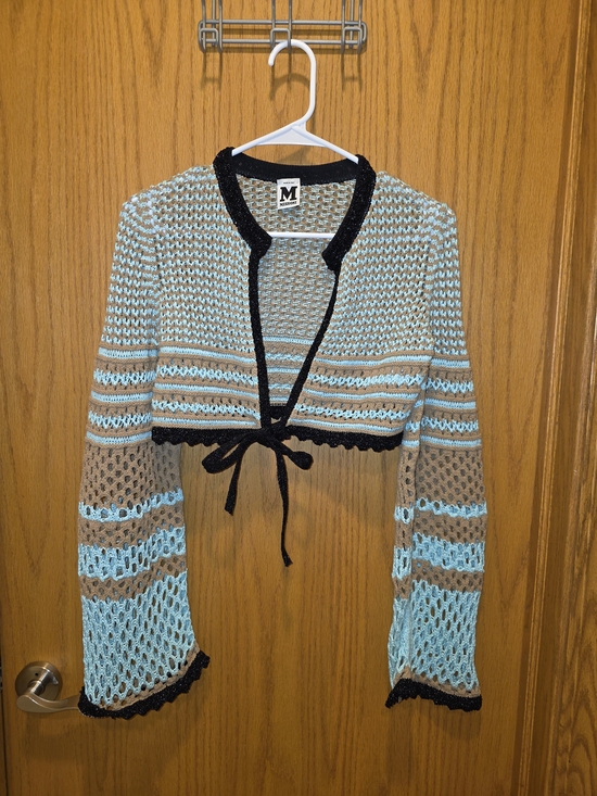 Missoni Sweaters - Vintage Missoni Cropped Open-Knit Tie-Front Sweater in Light Blue, Tan & Black